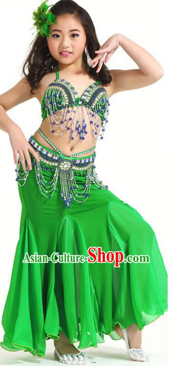 Indian Traditional Children Belly Dance Costume Classical Oriental Dance Green Dress for Kids