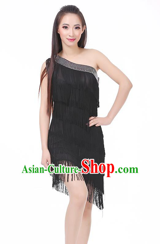 Top Modern Dance Latin Dance Costume Classical Jazz Dance Black Tassel Dress for Women