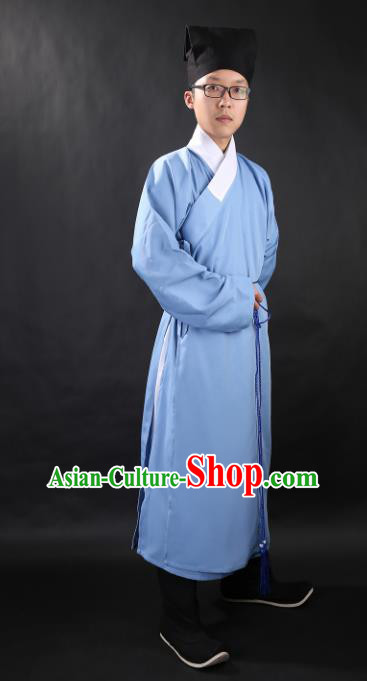 Chinese Ancient Scholar Blue Robe Ming Dynasty Swordsman Costumes for Men
