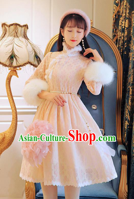 Traditional Chinese National Embroidered Qipao Dress Costume Tangsuit Pink Lace Cheongsam Clothing for Women