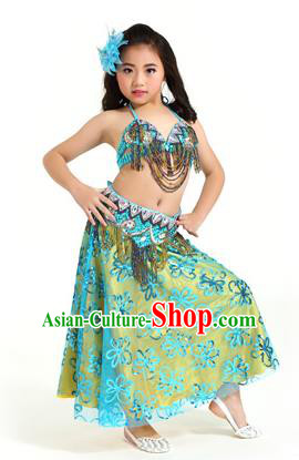 Asian Indian Children Belly Dance Blue Dress Stage Performance Oriental Dance Clothing for Kids