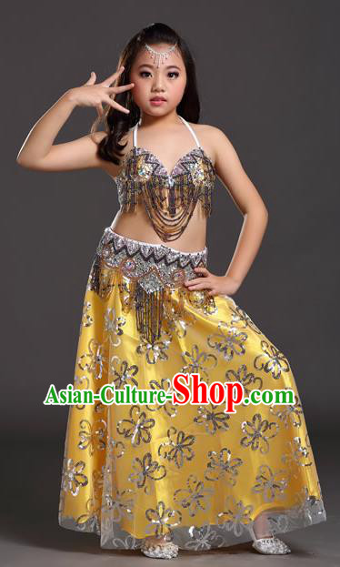 Asian Indian Children Belly Dance Yellow Dress Stage Performance Oriental Dance Clothing for Kids