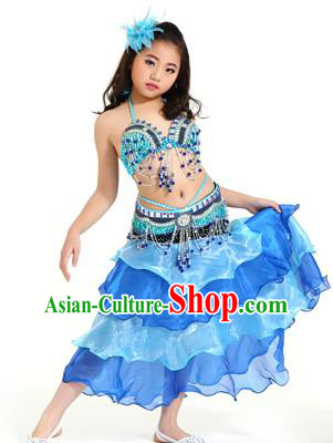 Asian Indian Children Belly Dance Blue Dress Stage Performance Oriental Dance Clothing for Kids