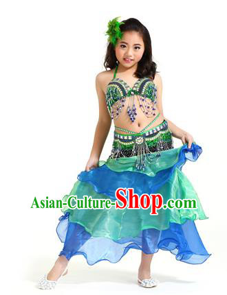 Asian Indian Children Belly Dance Blue and Green Dress Stage Performance Oriental Dance Clothing for Kids