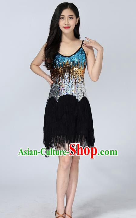 Professional Latin Dance Sequin Black Dress Ballroom Dance Modern Dance Clothing for Women