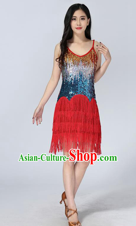 Professional Latin Dance Sequin Red Dress Ballroom Dance Modern Dance Clothing for Women