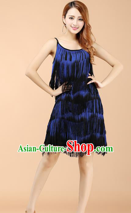 Professional Latin Dance Blue Tassel Dress Ballroom Dance Modern Dance Clothing for Women