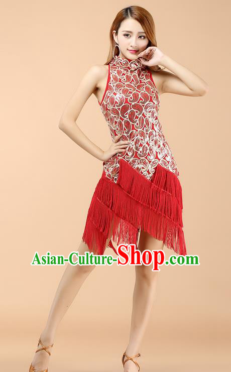 Classical Latin Dance Red Tassel Dress Ballroom Dance Modern Dance Costume for Women