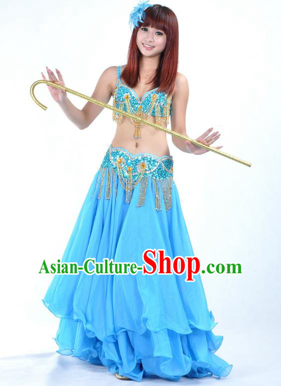 Traditional Bollywood Belly Dance Performance Clothing Blue Dress Indian Oriental Dance Costume for Women