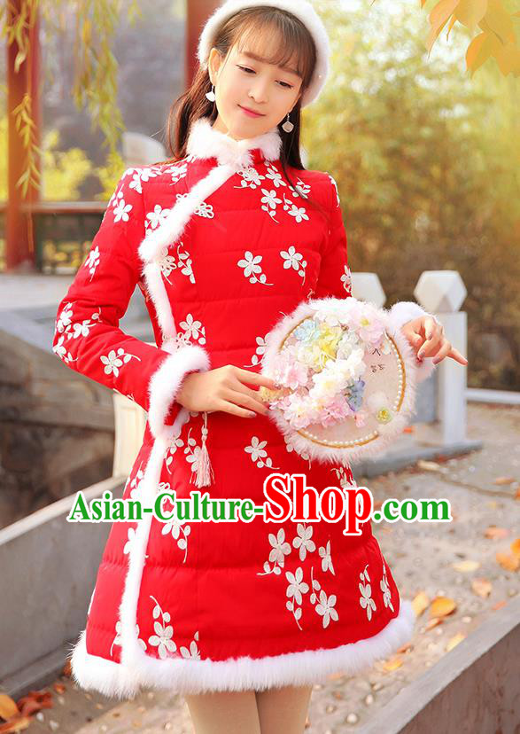 Traditional Chinese National Embroidered Red Dress Tangsuit Cotton-padded Cheongsam Clothing for Women