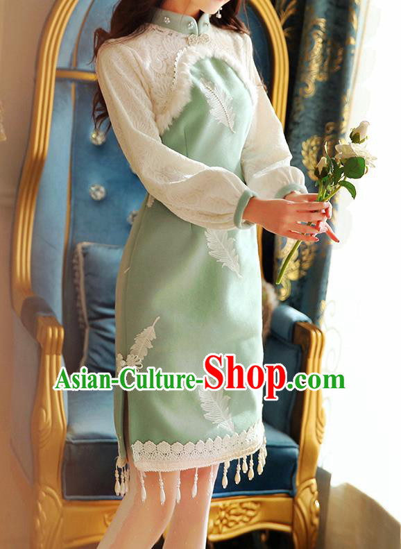 Traditional Chinese National Green Wool Dress Tangsuit Cheongsam Clothing for Women