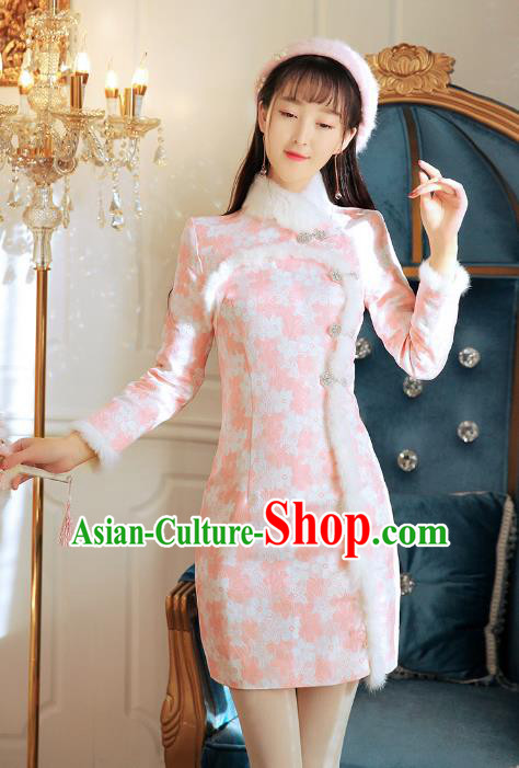 Traditional Chinese National Pink Wool Dress Tangsuit Cheongsam Clothing for Women