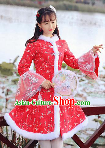 Chinese National Tangsuit Embroidered Red Qipao Dress Cheongsam Clothing for Women