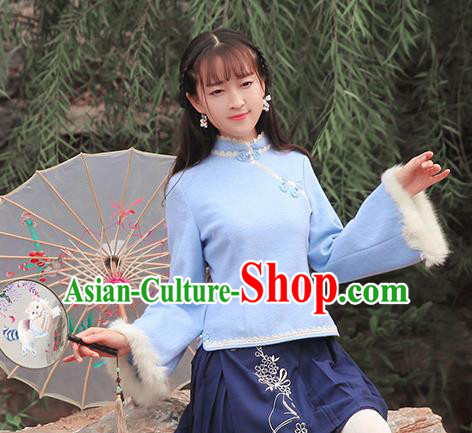 Chinese National Costume Blue Wool Cheongsam Shirts Tangsuit Qipao Blouse for Women