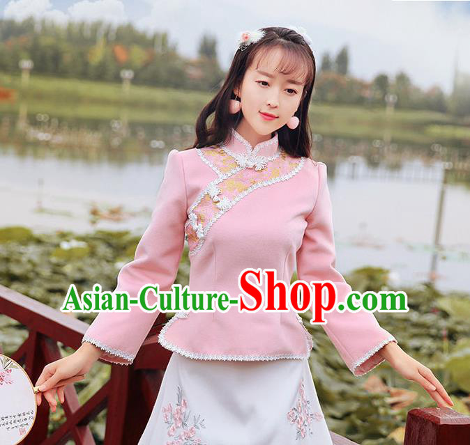 Chinese National Costume Pink Cheongsam Shirts Upper Outer Garment Tangsuit Qipao Blouse for Women