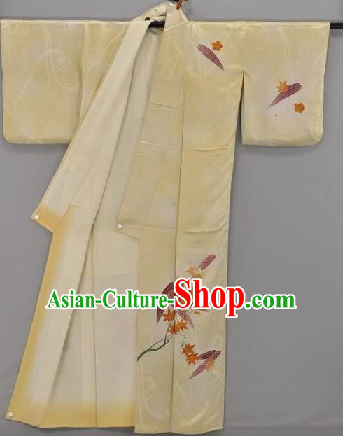 Japan Traditional Costume Yellow Satin Yukata Dress Japanese Furisode Kimono for Women