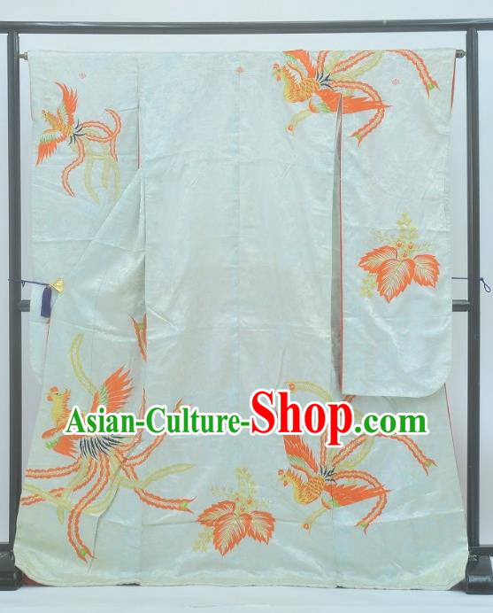 Japan Traditional Kimonos Costume Printing Phoenix White Yukata Dress Japanese Furisode Kimono for Women