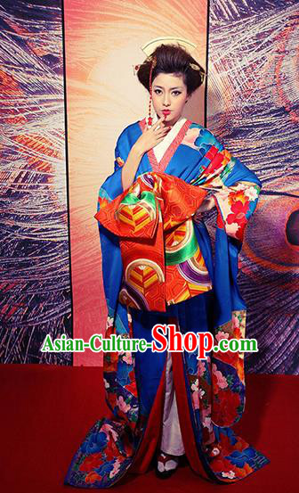 Traditional Asian Japan Costume Japanese Apparel Blue Furisode Kimono for Women