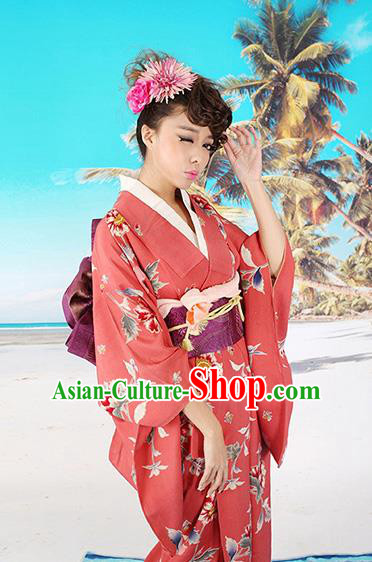 Traditional Asian Japan Costume Japanese Apparel Red Yukata Dress Furisode Kimono for Women