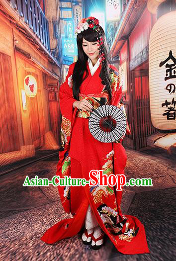 Traditional Asian Japan Wedding Costume Japanese Apparel Red Yukata Dress Furisode Kimono for Women