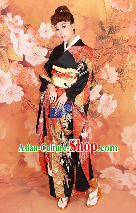 Traditional Asian Japan Wedding Costume Japanese Apparel Black Yukata Dress Furisode Kimono for Women