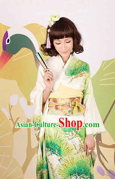 Traditional Asian Japan Wedding Costume Japanese Apparel Green Yukata Dress Furisode Kimono for Women