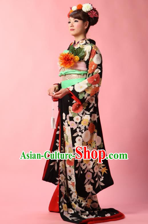 Traditional Asian Japan Geisha Costume Japanese Black Yukata Dress Furisode Kimono for Women