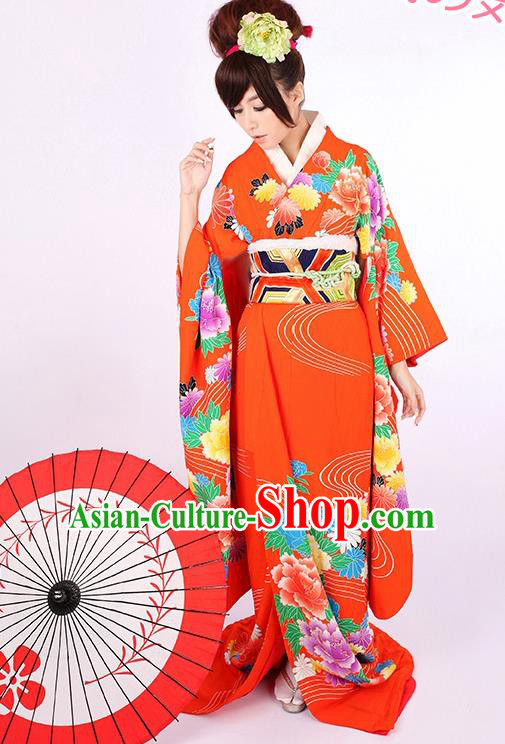 Traditional Asian Japan Geisha Costume Red Yukata Dress Japanese Wedding Furisode Kimono for Women