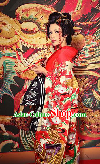Traditional Asian Japan Bride Costume Red Yukata Dress Japanese Wedding Furisode Kimono for Women