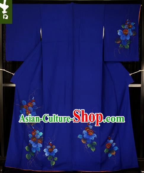 Japan Palace Lady Royalblue Furisode Kimono Costume Traditional Japanese Yukata Dress for Women