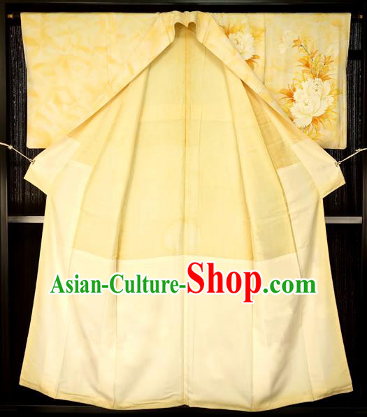 Traditional Japan Palace Printing Flowers Furisode Kimono Costume Japanese Yellow Yukata Dress for Women