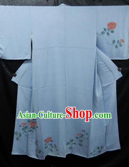 Asian Japan Blue Furisode Kimono Palace Costume Traditional Japanese Yukata Dress for Women