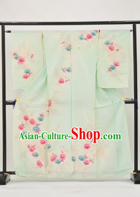 Asian Japan Painting Flowers Green Furisode Kimono Palace Costume Traditional Japanese Yukata Dress for Women