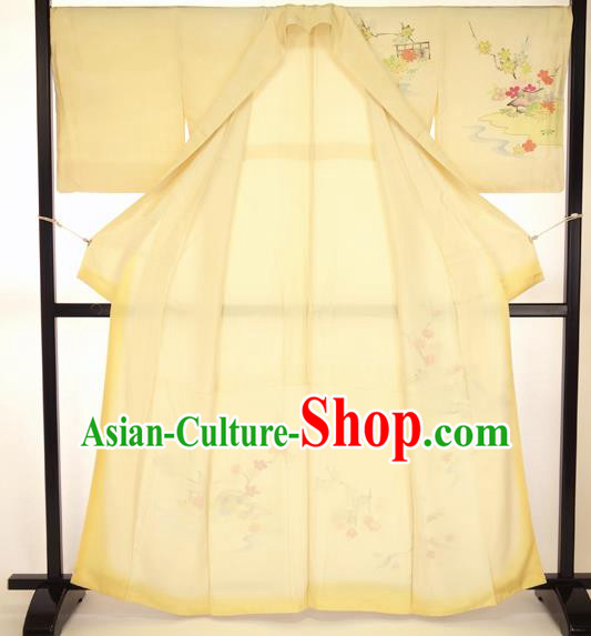 Asian Japan Yellow Furisode Kimono Formal Costume Traditional Japanese Yukata Dress for Women