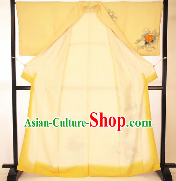 Japan Traditional Formal Costume Printing Flowers Furisode Kimono Yellow Yukata Dress for Women
