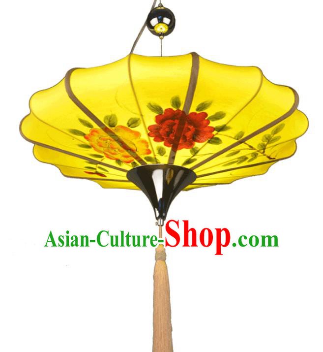 Traditional Chinese Ancient Palace Lantern Ceiling Lamp Hand Painting Peony Lanern