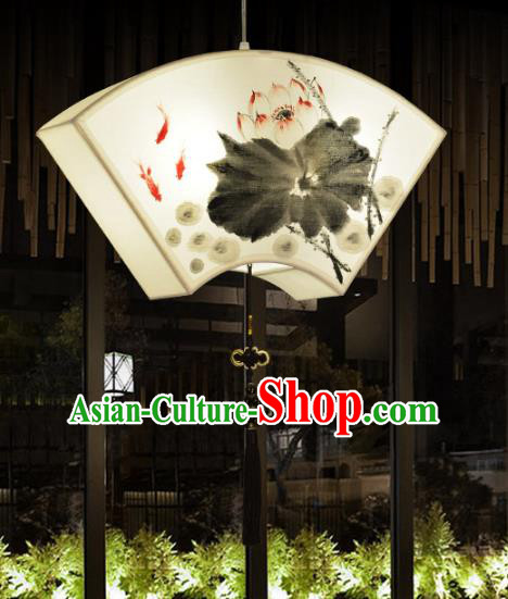 Traditional Chinese Ancient Palace Lantern Ceiling Lamp Ink Painting Lotus Lanern