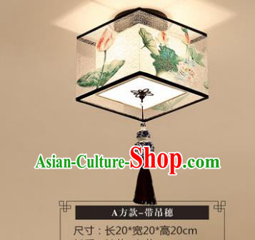 Traditional Chinese Handmade Lantern Classical Tassel Ceiling Lamp Ancient Painting Lotus Square Lanern