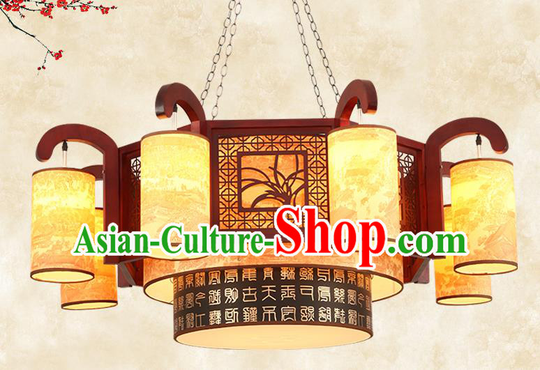 China Traditional Handmade Ancient Wood Orchid Lantern Eight-pieces Palace Lanterns Ceiling Lamp