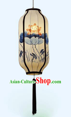 Traditional China Handmade Lantern Ancient Ink Painting Lotus Hanging Lanterns Palace Ceiling Lamp