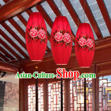 Traditional China Handmade Printing Peony Lantern Ancient New Year Red Hanging Lanterns Palace Ceiling Lamp