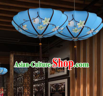 Traditional China Handmade Printing Blue Lantern Ancient New Year Hanging Lanterns Palace Ceiling Lamp