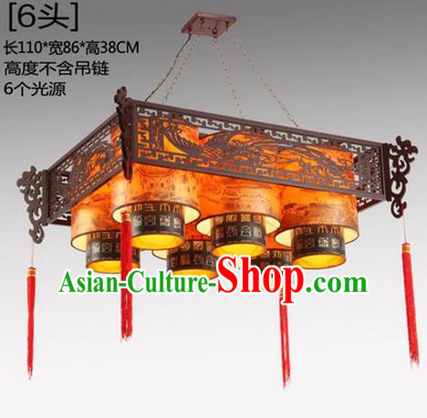 China Handmade Ceiling Lantern Traditional Wood Carving Phoenix Hanging Lanterns Palace Six-Lights Lamp