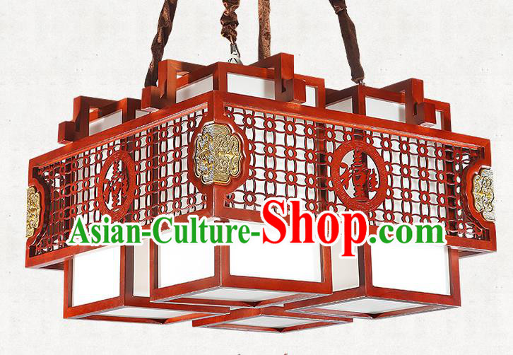 China Handmade Wood Ceiling Lantern Traditional Ancient Four-Lights Hanging Lamp Palace Lanterns