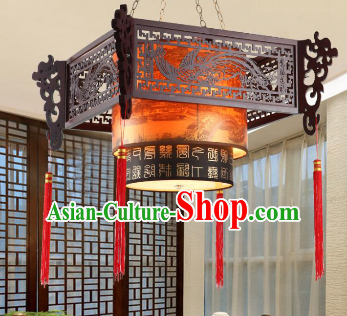 China Ancient Handmade Wood Lantern Traditional Carving Phoenix Ceiling Lamp Palace Lanterns