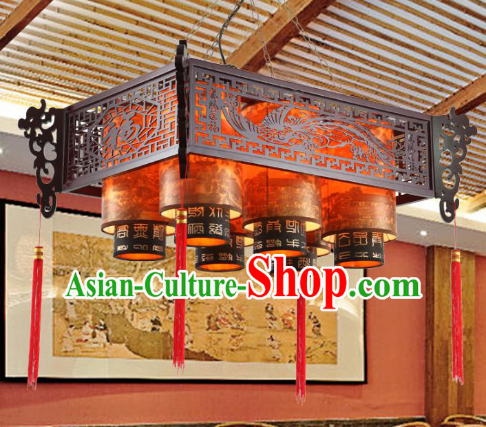 China Ancient Handmade Wood Six-Lights Lantern Traditional Carving Phoenix Ceiling Lamp Palace Lanterns