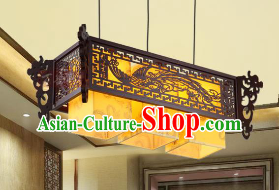 Asian China Handmade Wood Carving Phoenix Lantern Traditional Ancient Three-Lights Ceiling Lamp Palace Lanterns