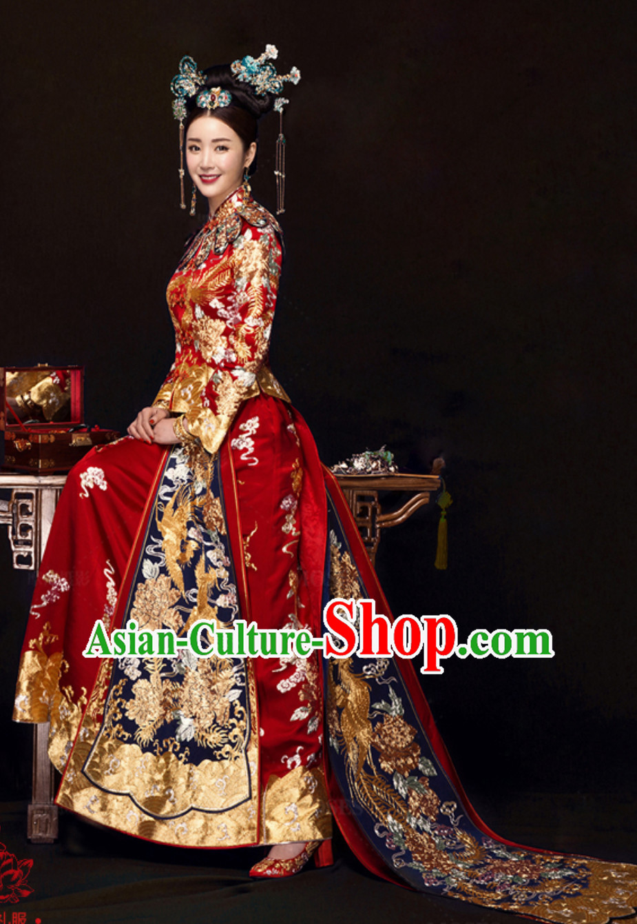 Chinese Traditional Phoenix Embroidery Wedding Dress Garment and Hair Jewelry Complete Set for Brides