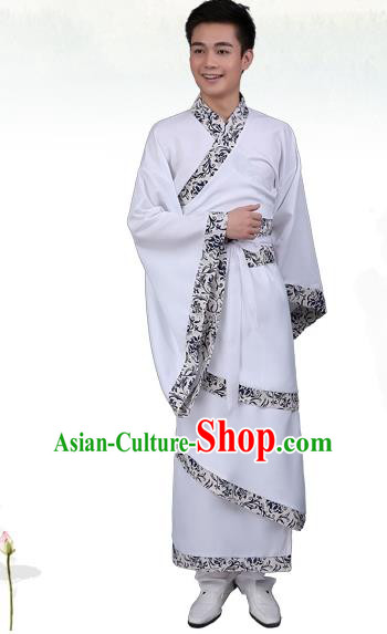 China Ancient Han Dynasty Scholar Costume White Curving-front Robe for Men