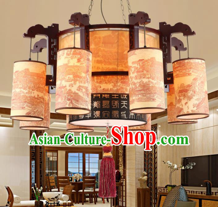 Chinese Handmade Wood Lantern Traditional Palace Eight-Lights Hanging Ceiling Lamp Ancient Lanterns